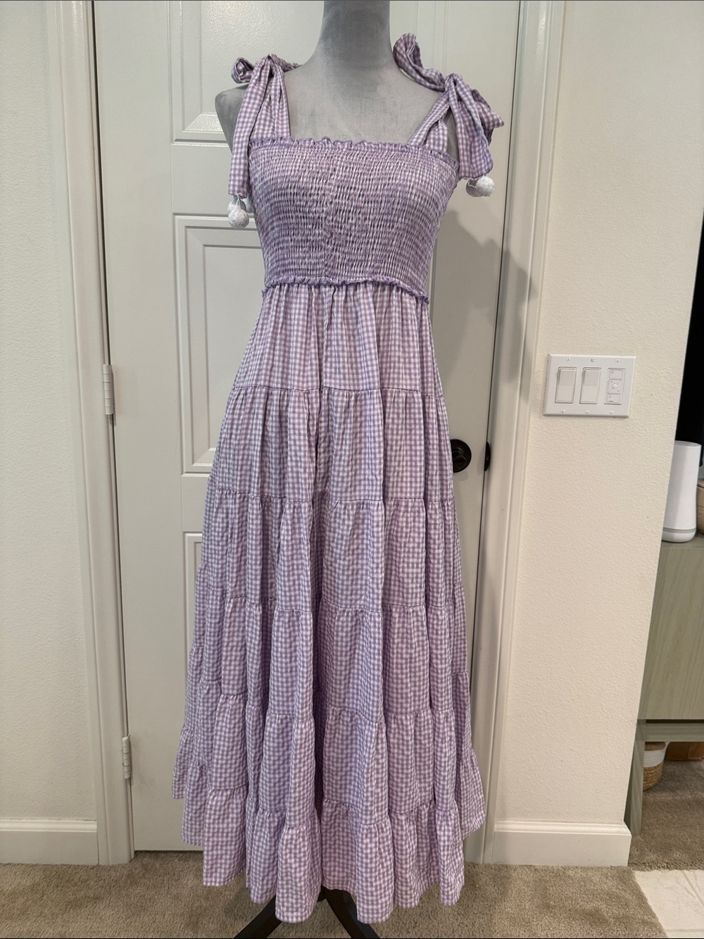 Smocked Gingham Maxi Dress in Lavender - Sleeveless Tie-Strap